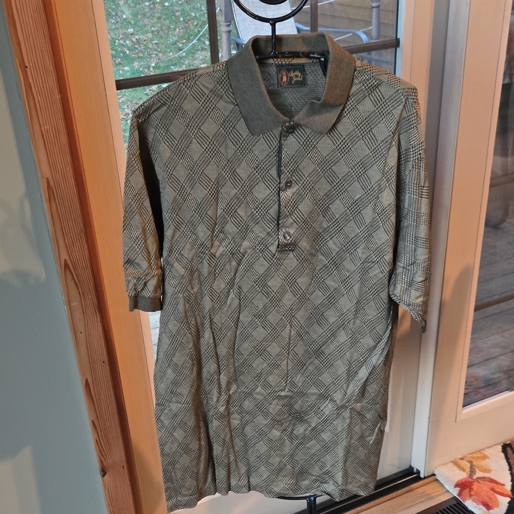 Bobby Jones Mens L Polo Shirt Olive Green Diamond Jacquard Cotton Made in Italy
